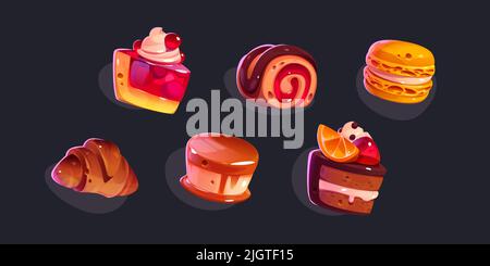 Giochi icone dolci, dolci e dessert. Cartoon 2D ui elementi grafici, pasticceria, macaroni, panna cotta con condimenti al caramello, focloato, bacche e frutta isolato vettore set Illustrazione Vettoriale