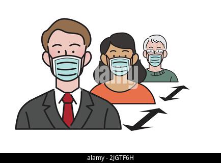 Vettore piatto isolato per misure preventive covidi. Gruppo di persone fisiche o sociali che indossano maschere chirurgiche con una freccia di distanza. Illustrazione Vettoriale