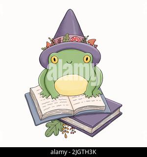 Halloween wizard rana sul vettore libri strega Illustrazione Vettoriale