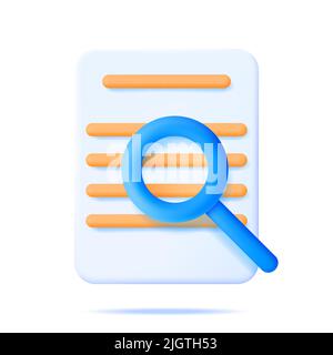 3D documento cartaceo con lente d'ingrandimento isolata. Illustrazione Vettoriale