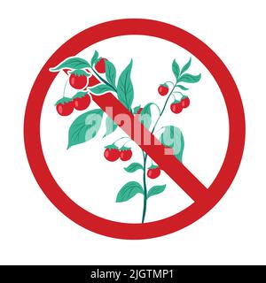 Pomodori ciliegini in un segno di divieto. Segno di divieto vettore con alimenti OGM pericolosi. Il pericolo di alimenti chimicamente nocivi. Non scegliere le verdure. Illustrazione Vettoriale