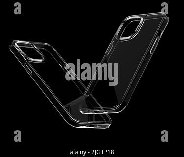 3d illustrazione della custodia trasparente glassy per cellulare copertura di protezione sfondo nero e materiale riflettente lucido Foto Stock