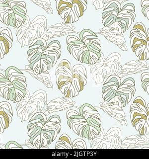 Monstera natura foglie disegno modello, Jungle verde foglia linea arti, foglia tropicale carta da parati, disegno a mano profilo per stampa tessuto Illustrazione Vettoriale