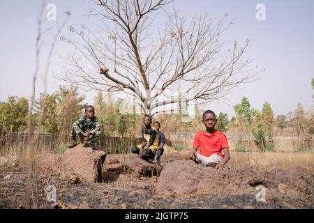 Gruppo di quattro ragazzi africani dall'aspetto triste che siedono in un'azienda agricola senza fare nulla; crop falls, perdite di posti di lavoro, aumento dei prezzi dei prodotti alimentari, speculazione alimentare e p Foto Stock