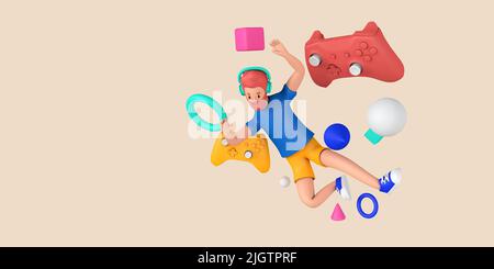 Concetto di videogioco. I giovani videogamer sono circondati da controller di gioco e forme astratte. 3D rendering Foto Stock