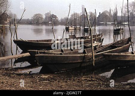 Fotografato dal 1966-09-11 al 1966-09-17.botten bordo barca da Havel '. Un paio di barche sono ormeggiate in un fiume. Alcune si trovano sulla terra, altre nel mezzo del fiume. Sull'altro lato del fiume si trova un edificio residenziale. Foto Stock