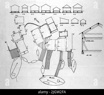 Un'immagine di un disegno per un aereo portuale, con ponti e boathouses. Foto Stock