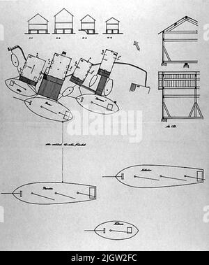 Un'immagine di un disegno per un aereo portuale, con ponti e boathouses. Foto Stock