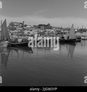 46. Portogallo. Il giornale fotografico è disponibile presso B.M.A. + Album fotografici. Acquisizione: Libri e materiale di archivio. Foto scattate 1959-11-15,12 Foto in serie. Secondo le note: Portogallo. Costa atlantica, Setubal, 15/11 -59. Foto da Fiskehamnen.Foto da un certo numero di barche da pesca lungo la banchina del porto. Sullo sfondo, la società di Setubal è visibile, tra l'altro, con una chiesa. Foto Stock