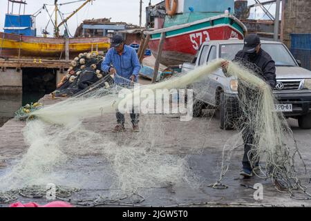 I pescatori esaminano la loro rete sul bacino del peschereccio di Antofagasta, Cile. Foto Stock