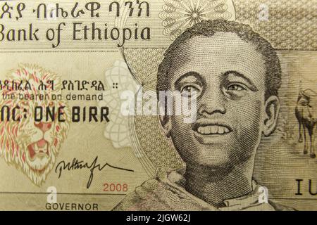 Una banconota da birr etiope. Ritratto di un giovane etiope. Frammento di una banconota. Foto Stock