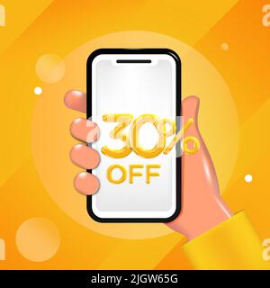 30 o 30% di sconto sul design. Tenere a mano un telefono cellulare con un messaggio di offerta. Promozione speciale, modello poster vendita. Illustrazione Vettoriale