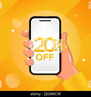 20 o venti per cento di sconto sul design. Tenere a mano un telefono cellulare con un messaggio di offerta. Promozione speciale, modello poster vendita. Illustrazione Vettoriale