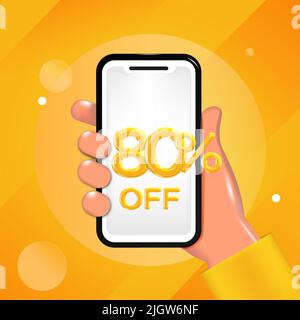 80 o ottanta per cento di sconto sul design. Tenere a mano un telefono cellulare con un messaggio di offerta. Promozione speciale, modello poster vendita. Illustrazione vettoriale Illustrazione Vettoriale