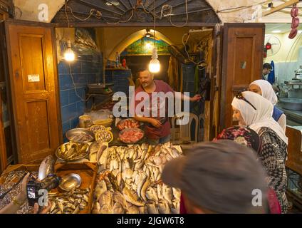 Donne che acquistano pesci nel mercato del pesce nel vecchio suk, Governatorato del Nord, Tripoli, Libano Foto Stock