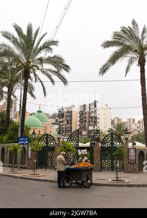 Uomo che vende frutta di fronte alla Moschea Taynal, Governatorato del Nord, Tripoli, Libano Foto Stock