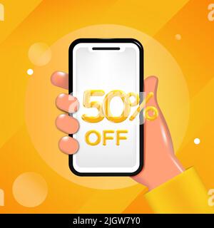 50 o cinquanta per cento di sconto sul design. Tenere a mano un telefono cellulare con un messaggio di offerta. Promozione speciale, modello poster vendita. Illustrazione Vettoriale