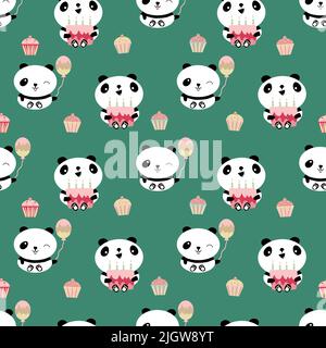 Kawaii panda felice compleanno vettore senza cuciture pattern sfondo. Sfondo carino con ridenti orsi cartoni animati che tengono torte, palloncini, cupcake. Verde Illustrazione Vettoriale