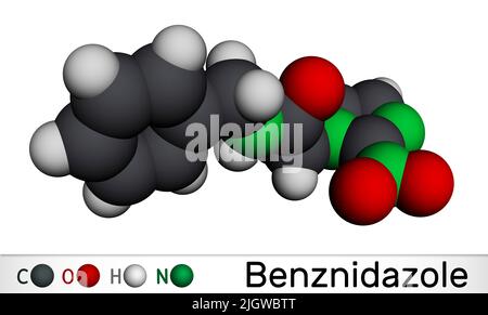 Molecola di benznidazolo. È farmaco antiparassitario usato nel trattamento della malattia di Chagas. Modello molecolare. 3D rendering Foto Stock