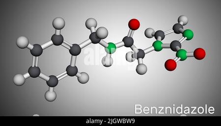 Molecola di benznidazolo. È farmaco antiparassitario usato nel trattamento della malattia di Chagas. Modello molecolare. 3D rendering Foto Stock