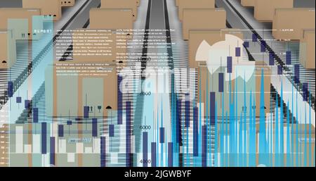 Immagine dell'elaborazione dei dati su scatole di cartone su nastri trasportatori Foto Stock