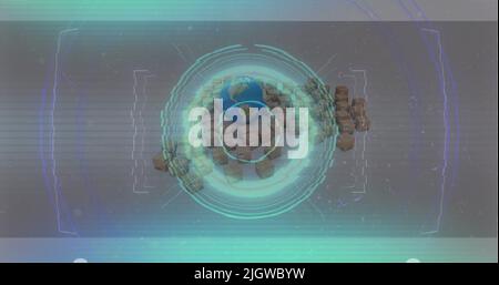 Immagine del trattamento dei dati su cartoni e globi Foto Stock