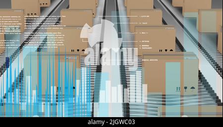 Immagine dell'elaborazione dei dati su scatole di cartone su nastri trasportatori Foto Stock