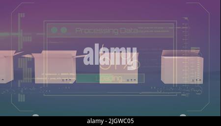 Immagine dell'elaborazione dei dati su scatole di cartone sul nastro trasportatore Foto Stock