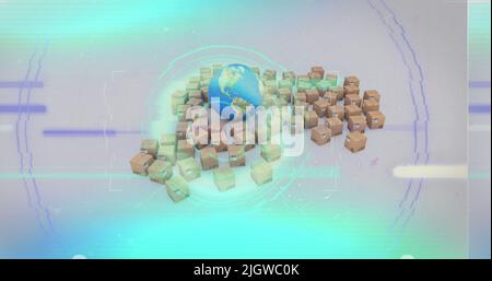 Immagine del trattamento dei dati su cartoni e globi Foto Stock