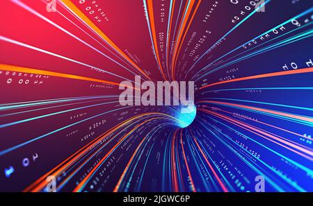 Dati protetti. Tecnologia Vortex per il flusso di dati. Illustrazione dell'imbuto ciberpunk 3D. Flusso di informazioni nel ciberspazio astratto. Big data e sicurezza informatica Foto Stock