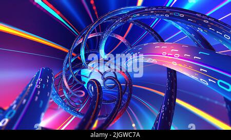 Cyber spirale. Luci al neon viola, colori rosa blu brillante, spettacolo laser. 3D illustrazione portale al neon ultravioletto, linee luminose, tunnel, corridoio Foto Stock