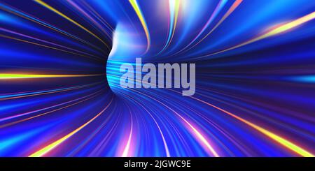 Fascicolatore interno. Saturno suona. Fotoni astratti in un tunnel cyberspazio. Velocità di volo leggero e interstellare. 3D illustrazione delle stringhe al neon Foto Stock
