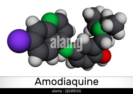 Amodiaquina, molecola ADQ. È l'aminochinolina, utilizzata per la terapia della malaria. Modello molecolare. 3D rendering. Illustrazione Foto Stock