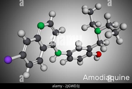 Amodiaquina, molecola ADQ. È l'aminochinolina, utilizzata per la terapia della malaria. Modello molecolare. 3D rendering. Illustrazione Foto Stock