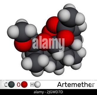 Molecola di Artemetere. Viene utilizzato per il trattamento della malaria. Modello molecolare. 3D rendering. Illustrazione Foto Stock