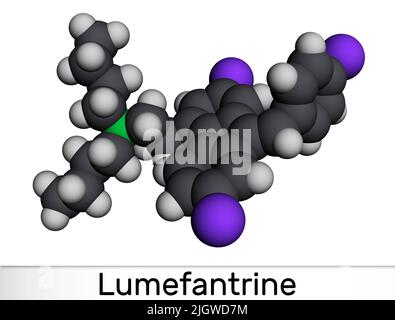 Lumefantrina, molecola di benflumetolo. Viene utilizzato per il trattamento della malaria. Modello molecolare. 3D rendering. Illustrazione Foto Stock