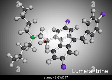 Lumefantrina, molecola di benflumetolo. Viene utilizzato per il trattamento della malaria. Modello molecolare. 3D rendering. Illustrazione Foto Stock