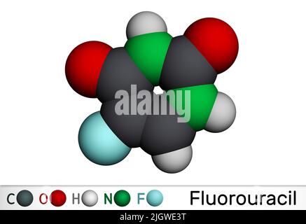 Fluorouracile, molecola 5-fu. È analogo della pirimidina, farmaco chemioterapico citotossico usato per trattare il cancro. Modello molecolare. 3D rendering. Illustrazione Foto Stock