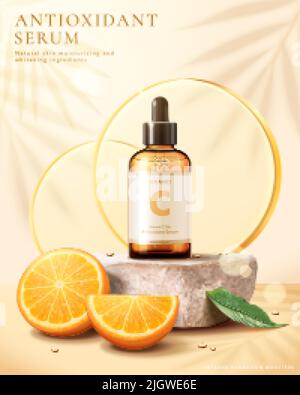 Modello di annuncio del prodotto cosmetico Summer Vitamina C. 3d contagocce apparsi sul palco di arenaria con dischi di vetro circolari e agrumi. Illustrazione Vettoriale