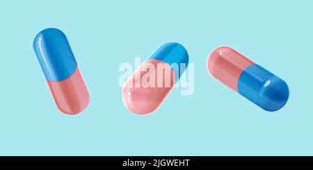 3d capsule mediche lucide isolate di colore blu e rosa. Mockup adatto per droga o supplemento. Illustrazione Vettoriale