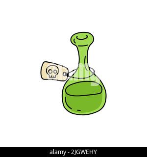 Bottiglia verde con veleno o pozione. Illustrazione di Halloween disegnata a mano. Illustrazione Vettoriale