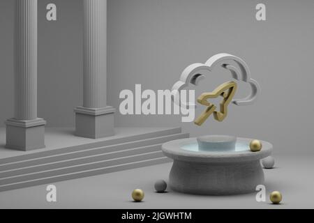 Belle illustrazioni astratte Cloud Server icona del simbolo di velocità su una fontana e sfondo di colonna. 3d illustrazione del rendering. Web Hosting. Foto Stock