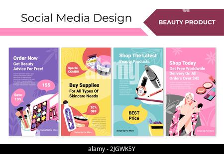 Storia dei social media con offerta di vendita di prodotti di bellezza Illustrazione Vettoriale