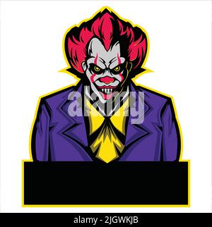 icona clown adatta al logo della squadra e-sport. mascotte joker per l'illustrazione vettoriale del logo sportivo ed e-sport. Simbolo della testa e del corpo di Evil Clown per il design Illustrazione Vettoriale