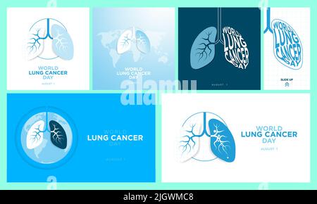 Collezione vettoriale di World Lung Cancer Day Greeting Cards, banner e storia. Celebrato il 1 agosto. Illustrazione moderna dei polmoni in blu e bianco. Illustrazione Vettoriale