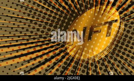 NFT non fungibile gettone oro moneta per il 80s retro. Paga per collezionabili unici in giochi o arte. Intestazione colorata o banner. Illustrazione Vettoriale