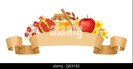 Shana Tova. Biglietto d'auguri Rosh Hashanah. Felice anno nuovo ebraico. Sfondo di vacanza con simboli tradizionali festival. Illustrazione Vettoriale