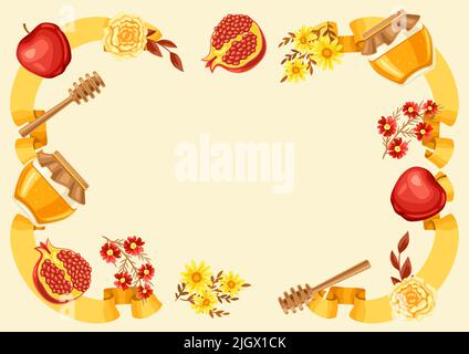 Shana Tova. Cornice decorativa Rosh Hashanah. Felice anno nuovo ebraico. Sfondo di vacanza con simboli tradizionali festival. Illustrazione Vettoriale