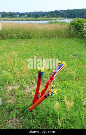 Cavi in fibra ottica tappati che sporgono da terra in una zona rurale della Germania settentrionale (Ruegen) Foto Stock