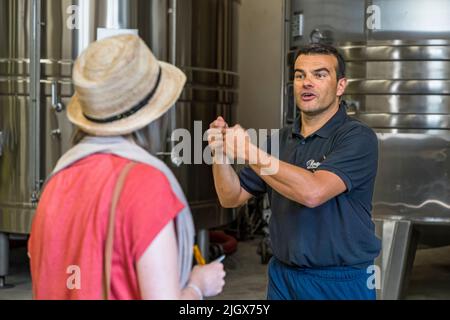Frédéric Raspail mostra la cantina dove il crémant è prodotto nel modo tradizionale da uve Clairette. Saillans, Drôme, Francia Foto Stock